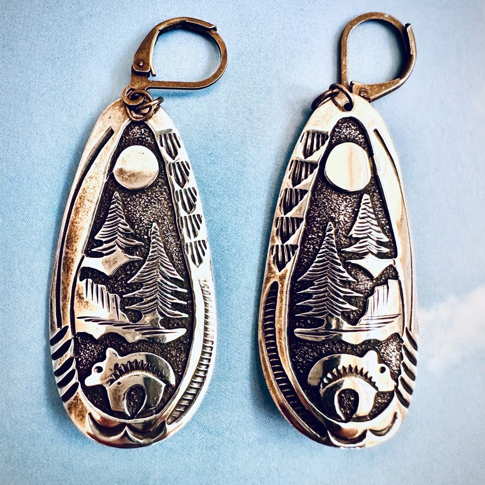 The Moon Bear & Forest Native American Silver Earrings 🌲🌕